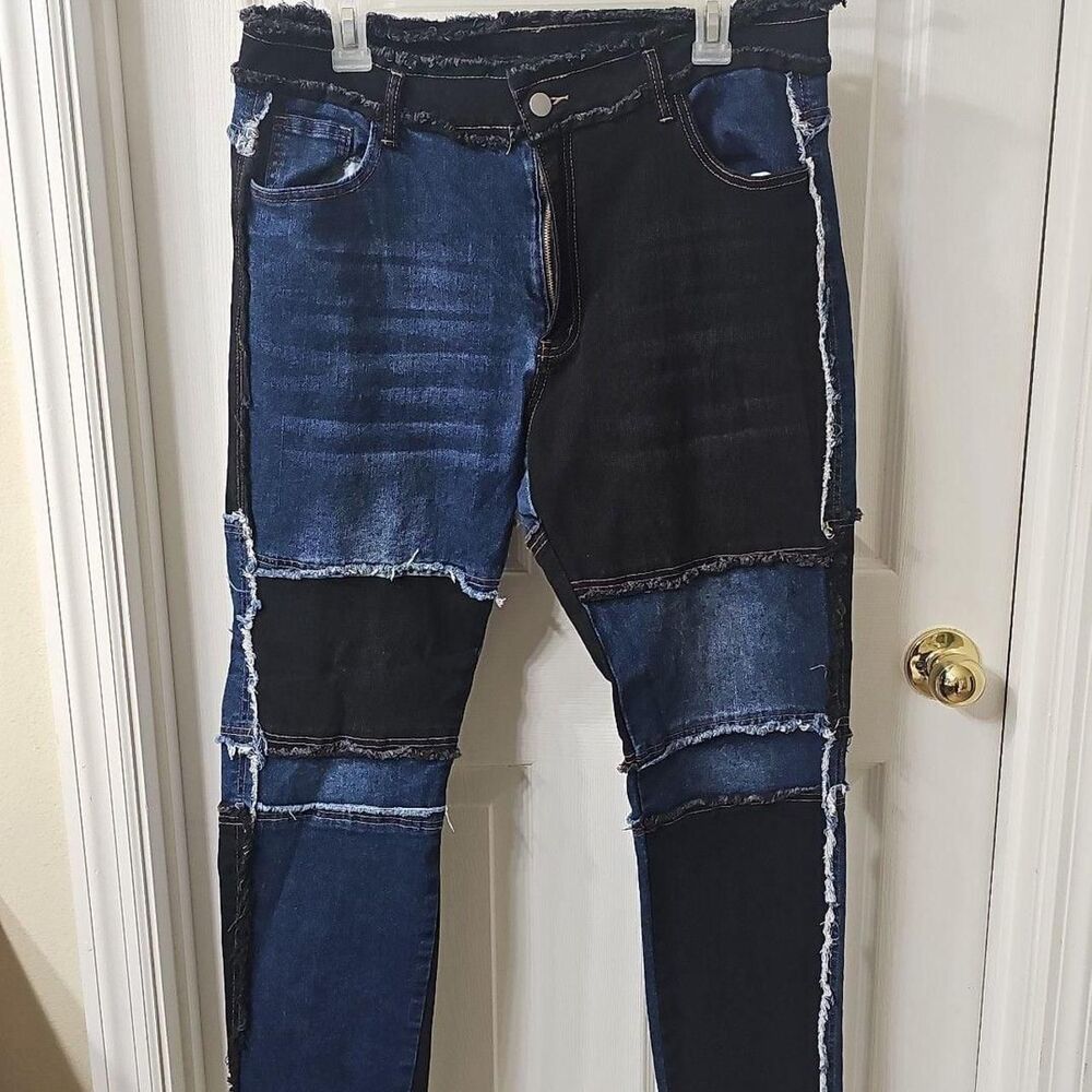 SHEIN Women's Patchwork High Waist Two Tone Skinny Jeans with Raw Hem XXL